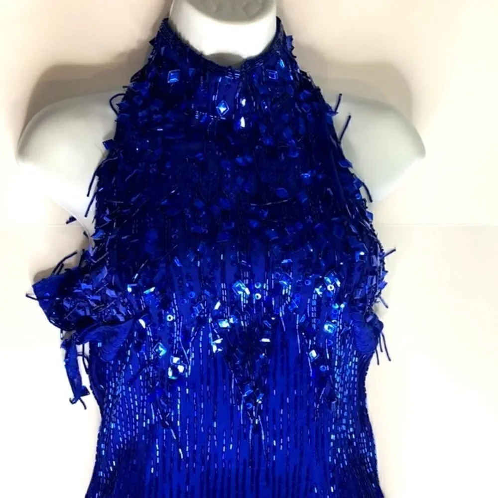 NiteLine by Della Roufogali Blue Silk Beaded Evening Gown Vintage Formal Dress 6